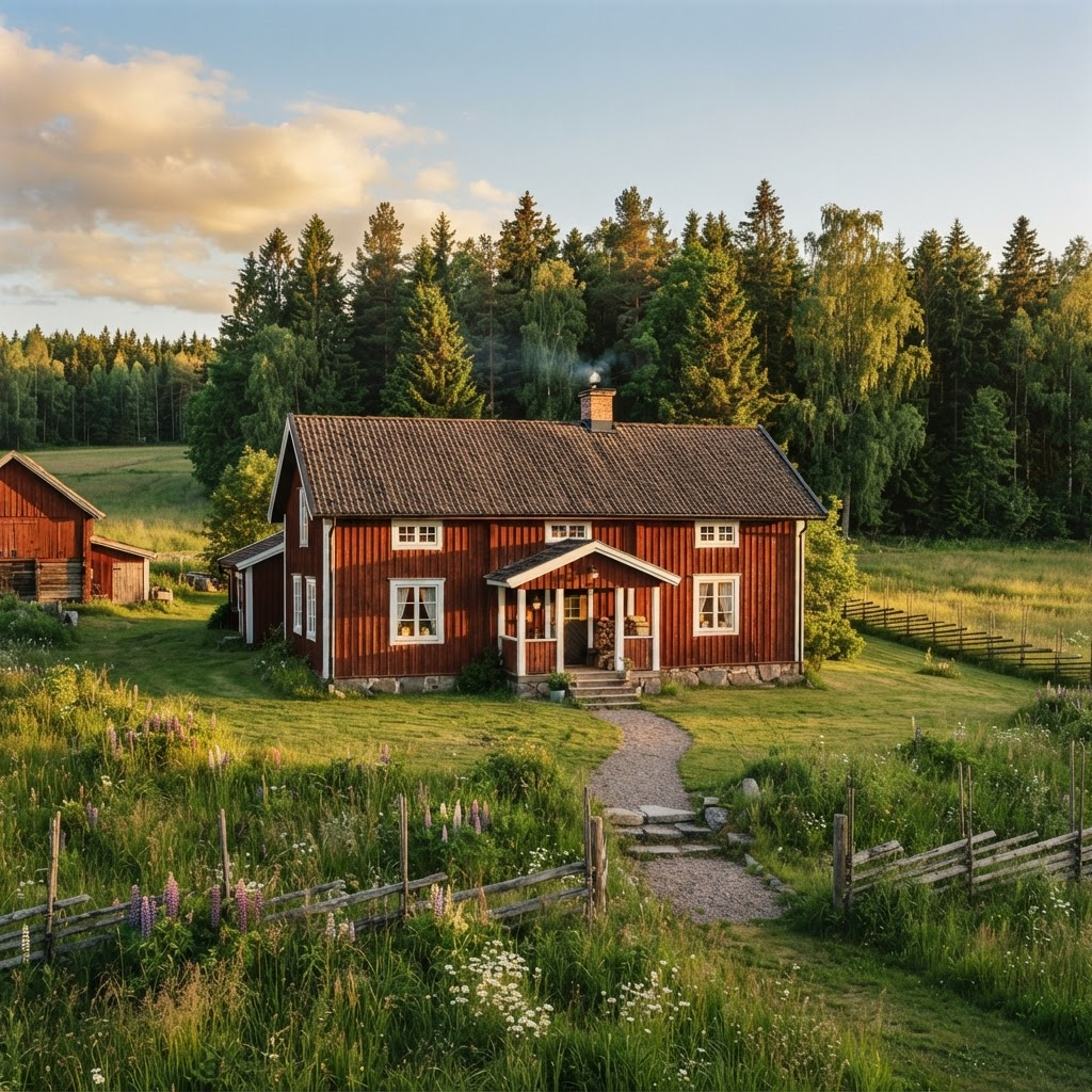 Traditionell röd svensk timmergård omgiven av granskog